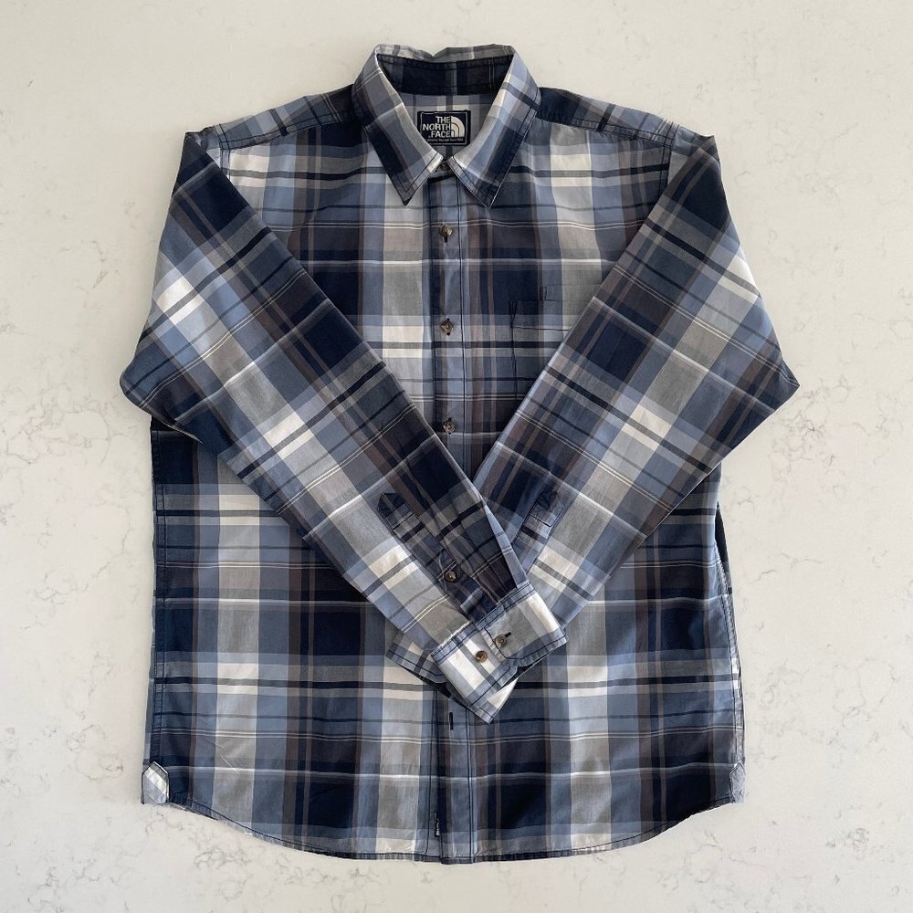 The North Face Casual LS Button Down Plaid 100% Cotton Shirt Blues + White Sz L